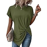 Remidoo Asymmetrical Tops for Women Twist Front Top Crewneck Knot Short Sleeve T Shirts