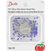 Dritz 172 Glass Head Pins, Ultra Fine, 1-3/8-Inch (150-Count) , Blue | Heat-Resistant Pins Glide Through Delicate Fabrics for Precision Sewing and Pressing