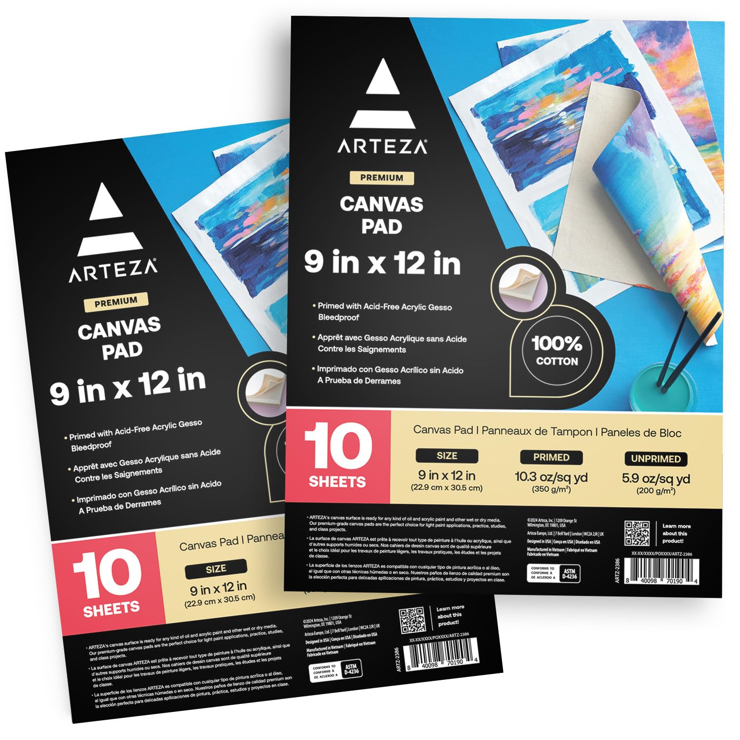 ARTEZA 9X12 Canvas Pad, 2 Pack, 20 Sheets, Cotton, Primed with Acid-Free Gesso, Glue-Bound Pad of Canvas Paper for Acrylic Painting Or Oil Paint, Ideal for Painting and Mixed Media,White,9x12"