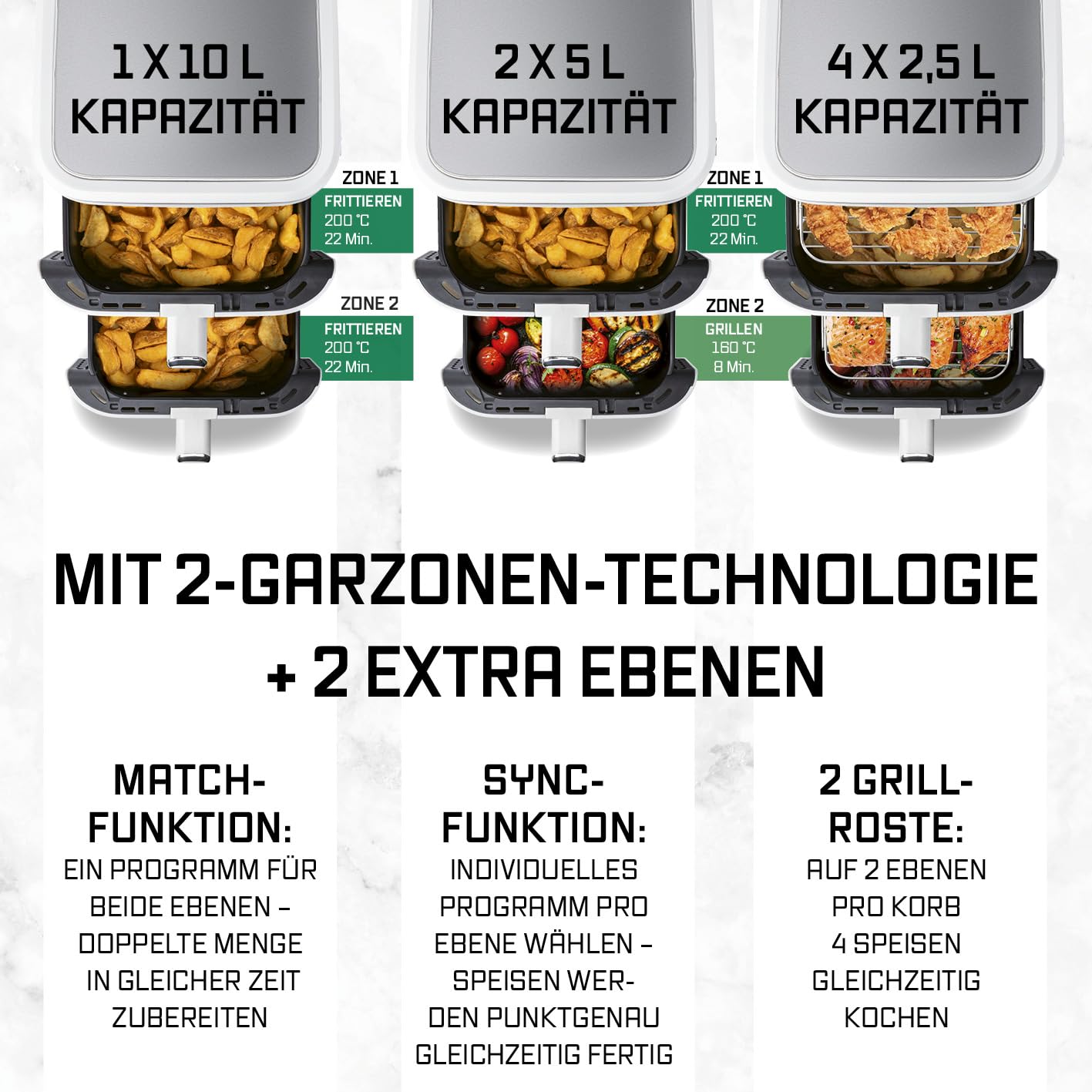 GOURMETmaxx FryUp Vertikale Doppelkammer Heißluftfritteuse | vertikaler Airfryer | klappbares Touchdisplay | 32% platzsparender | Fassungsvermögen 10L | Heißluftfritteuse 2 Kammern 4