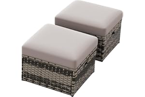 IJIALIFE Footstool Ottoman Set of 2, Waterproof Rattan Footrest with Removable Cushions, Sturdy Foot Stool for Couch Chair Indoor Outdoor (Gray Cushions, Gray Rattan)