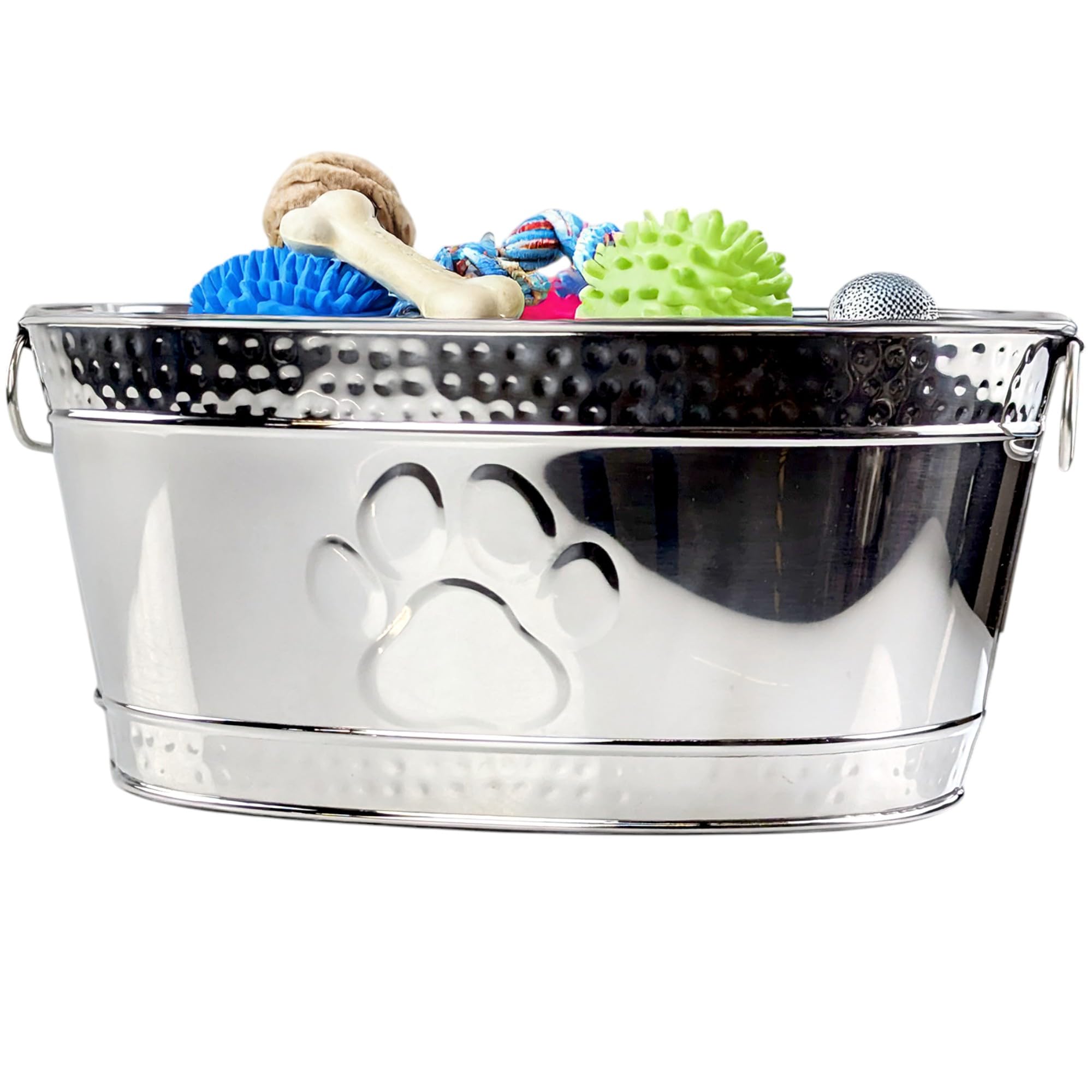 Metal Indestructible Dog Toy Bin - Steel Dog Toy Basket with Handles, Pet Toy Box, Oval for Blankets, Leashes, & Toys for Aggressive Chewers - Pawprint Design Home Decor (Silver)