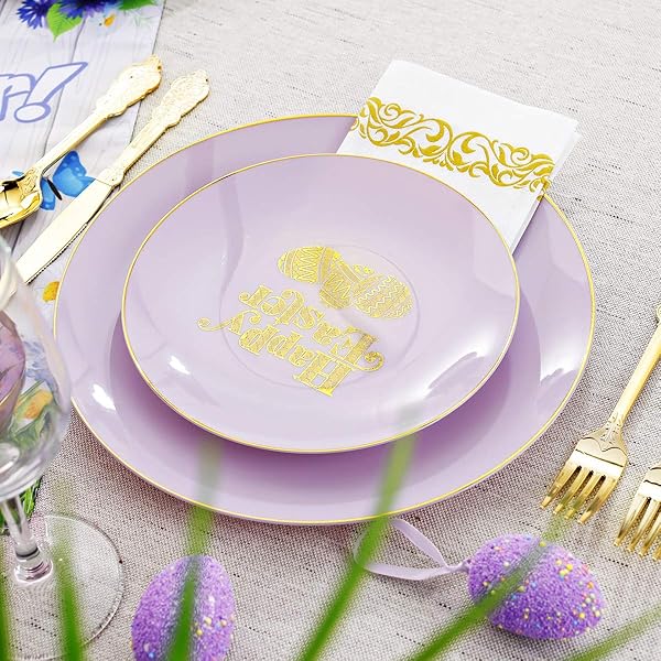 NERVURE 150PCS EASTER PLASTIC PLATES – PURPLE AND GOLD PLATES WITH EASTER EGG – PURPLE DISPOSABLE PLATES INCLUDES 50 PLASTIC PLATES, 25 KNIVES, 25 FORKS, 25 SPOONS, 25 CUPS FOR PARTY