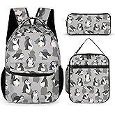 Fekroma Colorful Multi Pocket Backpack Set School Bookbag with Lunch Bag Lightweight Pencil Case Pouch Bag (Penguin, One Size)