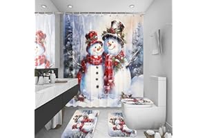OMEBERO Red Scarf Snowmans Bathroom Sets with Shower Curtain and Rugs, Toilet Lid Cover, Bath Mat, Soft Fabric Christmas Snowman Couples Shower Curtain Set for Bathroom, Bathroom Decor Shower Curtains