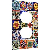 Traditional Colorful Talavera Mexican Spanish Moroccan Tiles 1 Gang Duplex Receptacle Switch Wall Plate Decorative Switchplate Outlet Covers Electrical Plug Cover Faceplate for Home Decor