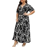 Keluummi Plus Size Wedding Guest Maxi Dresses for Curvy Women, Summer Formal Floral V Neck 3/4 Sleeve A Line Long Party Dress