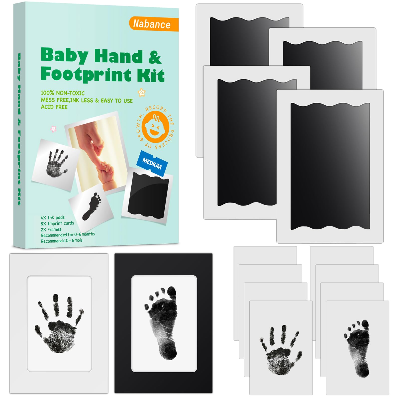Nabance Baby Footprint Kit & Handprint Kit, 4 Inkless Ink Pads, 2 Photo Frames, 8 Imprint Cards, Safe for Baby Hands and Feet, Family Keepsake Gifts for New Parents, Baby Shower Gifts 0-6 months