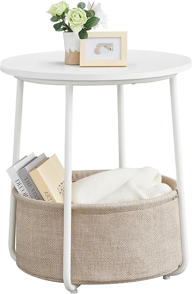 VASAGLE LILEA Collection - Small Round Side End Table, Modern Nightstand with Fabric Basket, Matte White and Camel Brown ULET
