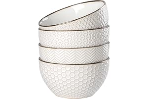 Anmula Ceramic Cereal Bowls Set - 26 Oz Embossed Stoneware Soup Bowls for Salad Dessert Pho Noodle Ramen - Microwave Dishwash