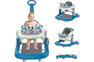 HXG Baby Walker, 4 in 1 Foldable Baby Walker, Baby Walker with Wheels & LED Light, Adjustable Speed and 3 Height for Baby Girl and Baby Boy, Baby Walkers for Babies 6-18 Months