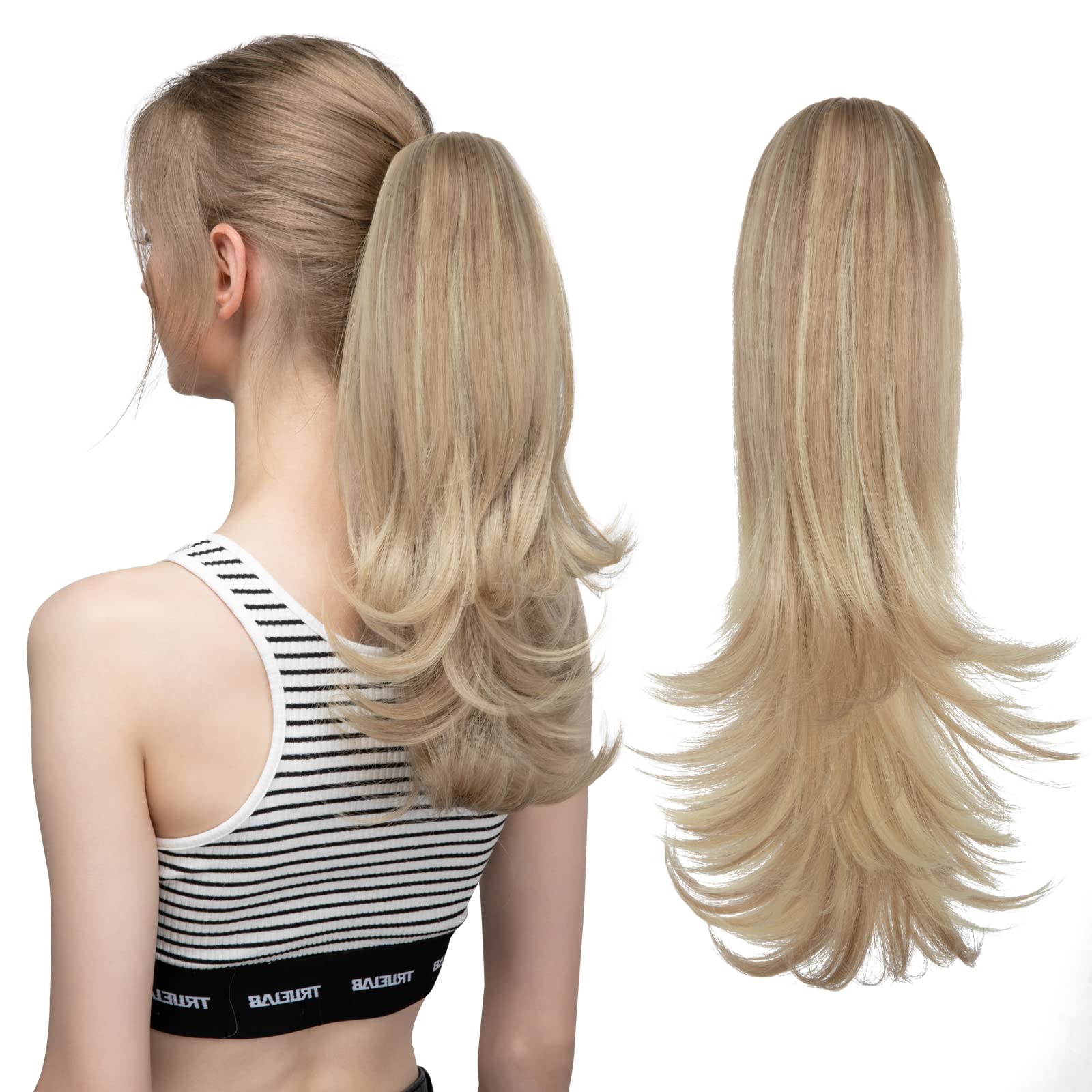 CJL HAIR Short Claw Clip Ponytail Hair Extension Drawstring Synthetic Fake Hairpiece for Women 14" Straight Ponytail with End Curls Dirty Blonde