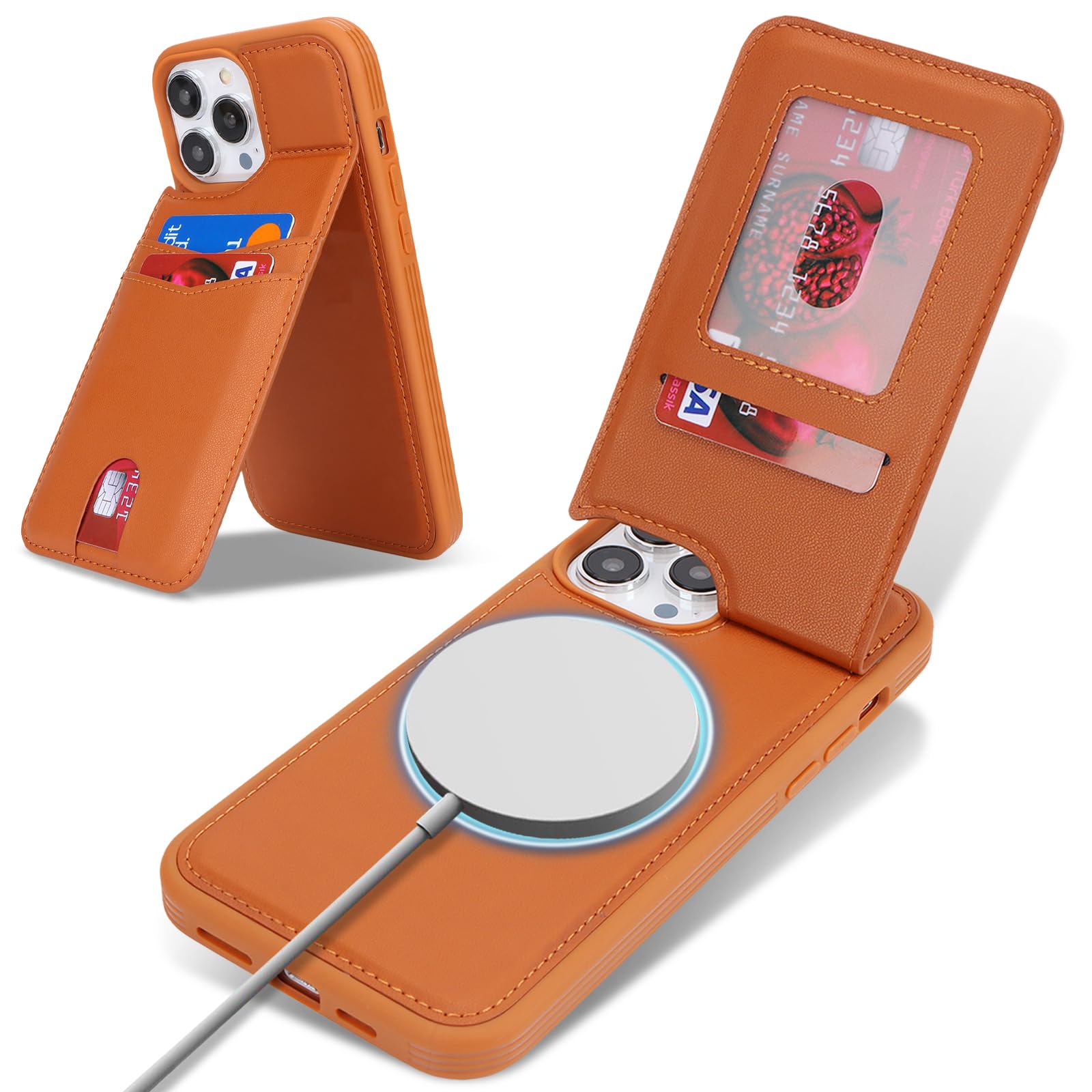 Photo 1 of ?????? case for iPhone 15 Pro magsafe Wallet Compatible with Card Holder Back Credit Slots PU Leather Stand Shockproof Phone Cover for Women and Men-Brown