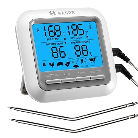 Habor Bratenthermometer Grillthermometer Fleischthermometer 2 Sonden Haushaltsthermometer Temperatur Voreinstellung, Küchenwe