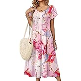 Zeagoo Women Midi Dresses for Summer 2026 Short Sleeve Casual Flowy Dress A Line Pleated V Neck Beach Sundress with Pockets
