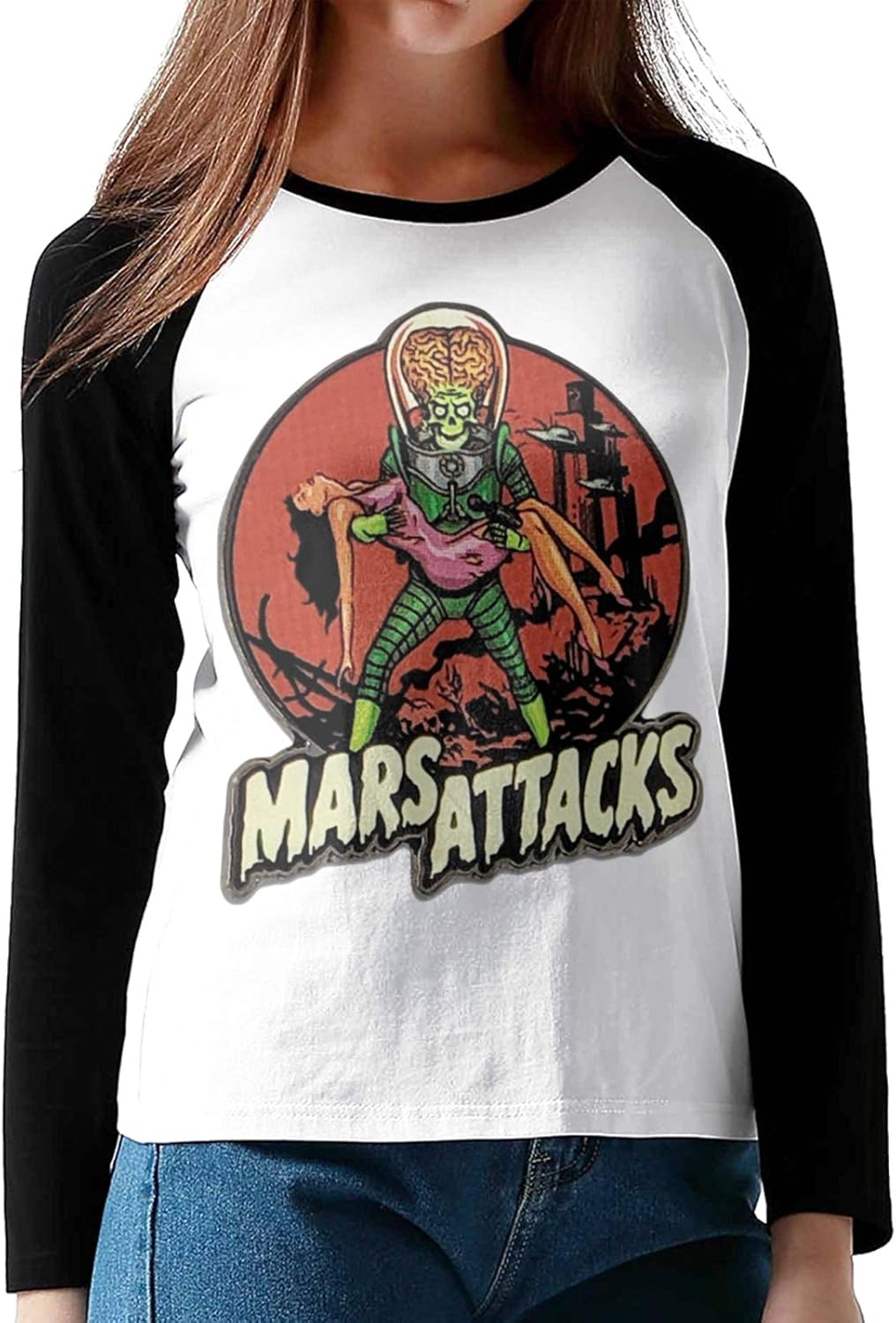 Amazon.com: Mars Attacks Women's Long Sleeve Raglan T-Shirt Black: Clothing