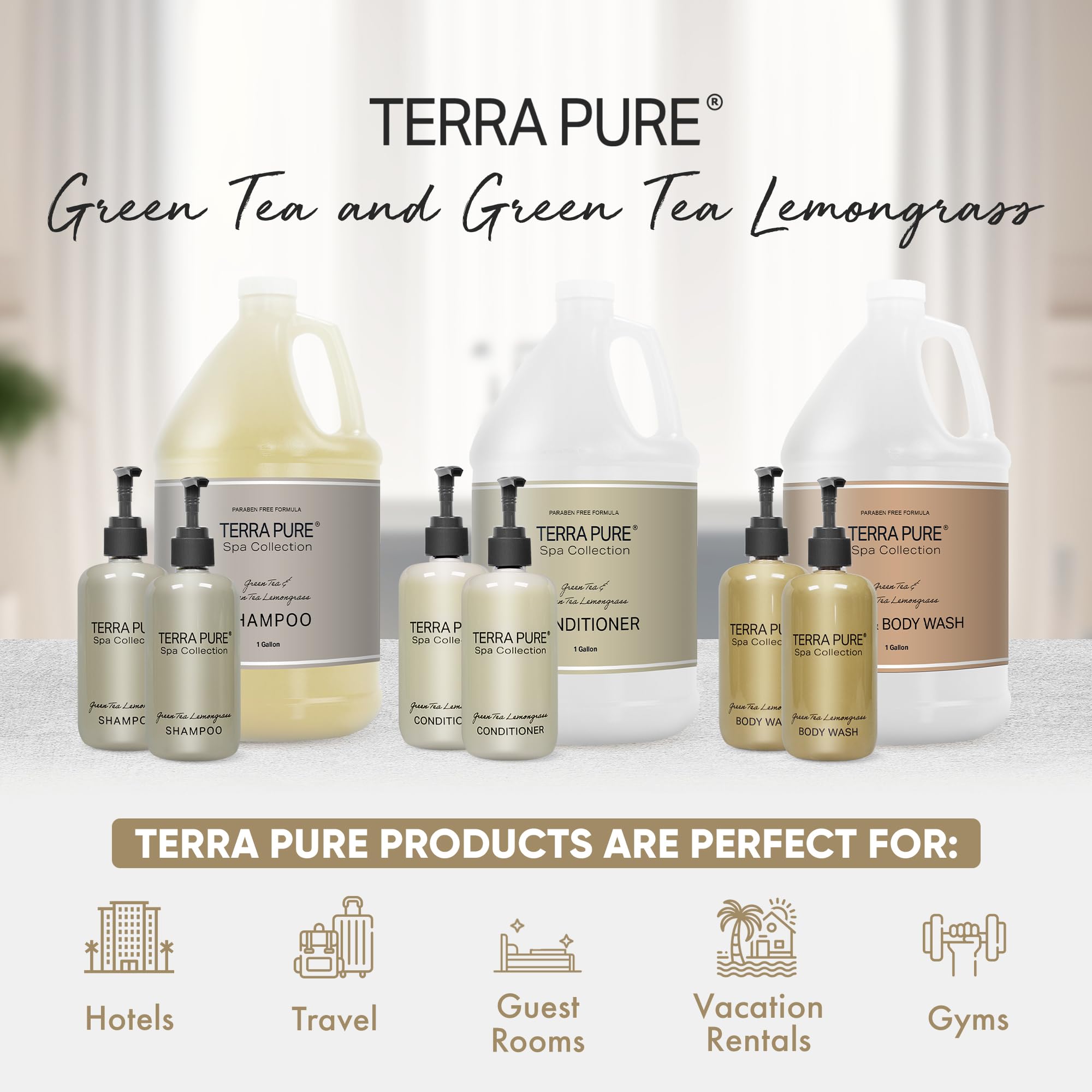 Spa Collection Gallon & Dispenser Set | 1-Shoppe Amenities Kit | Shampoo, Conditioner, Body Wash | Refillable 10.14 oz Pump Bottles