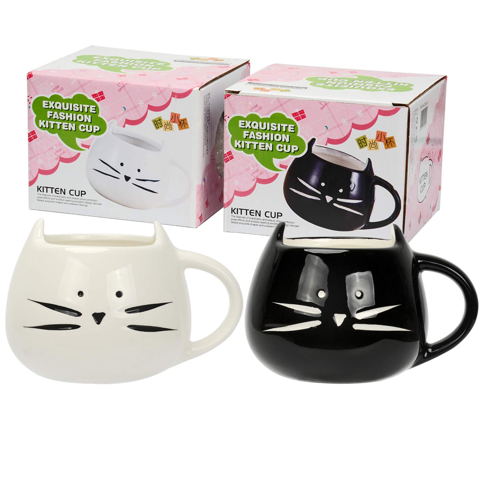 Tougo 2 Pack Funny Cute Little Cat Coffee Tea Milk Ceramic Mug Cup ,Best Gift for Birthday Christmas Valentines Wedding Day ,white+black