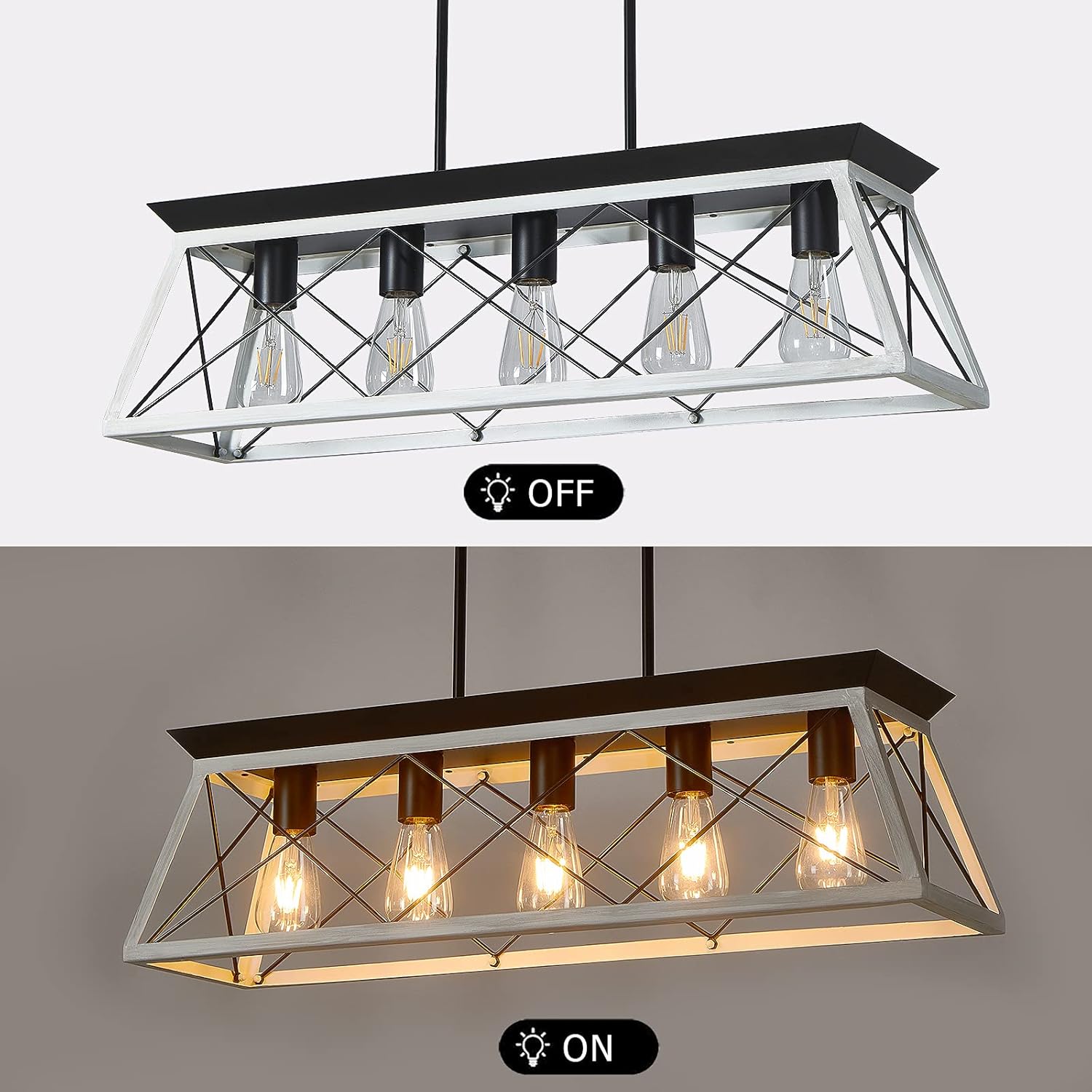 5-Light Farmhouse Kitchen Island Chandelier, Metal Linear Island Pendant Light Fixtures in White Finish for Dining, Living Room, Bar, Restaurants (White, 5-Light) - - 