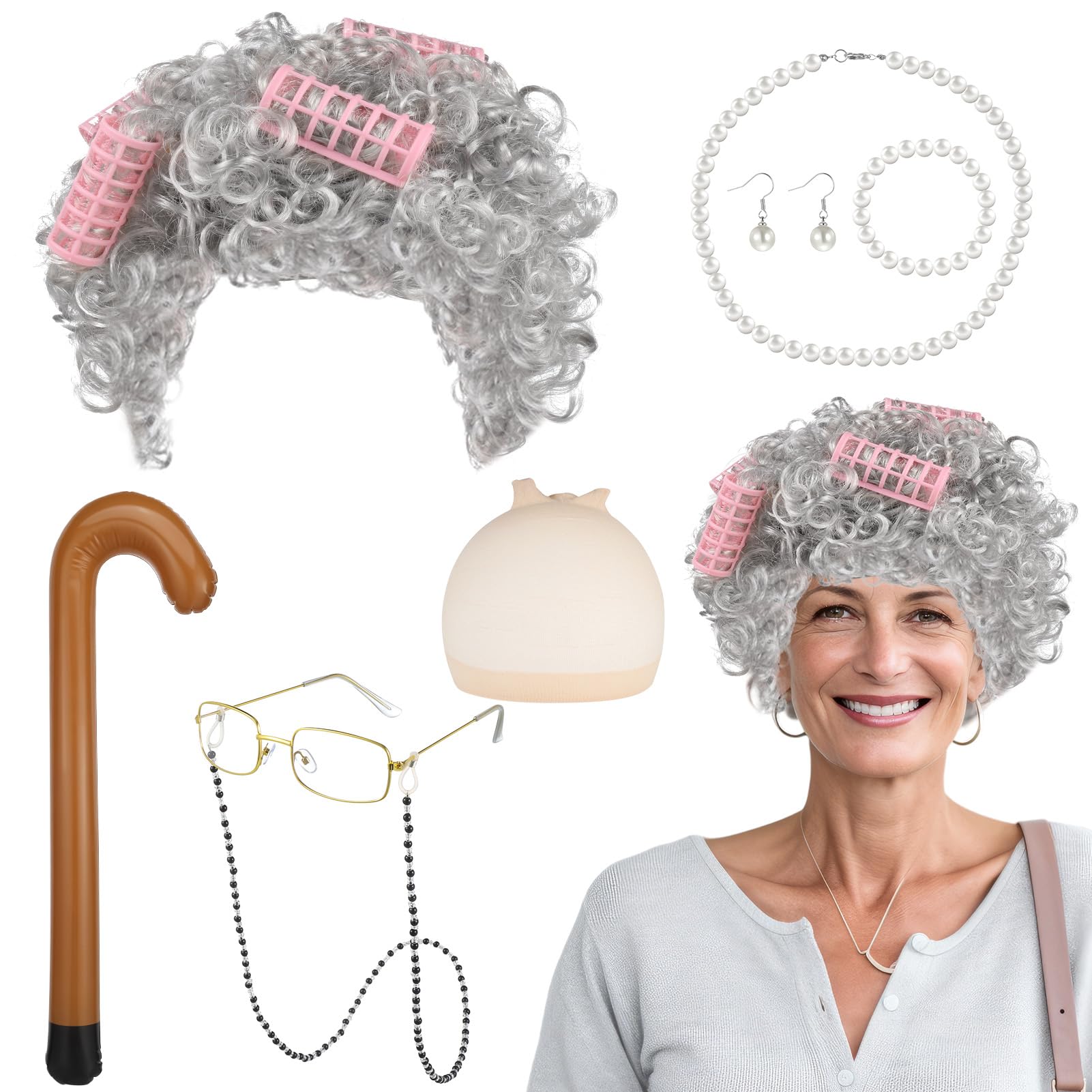 Partideal 15 Pcs Old Lady Costume Set,Grandma Wig Cap Granny Pearl Necklace Earrings Bracelet Cane Hair Rollers Glasses with Chain Dress Kit for World Book Day Masquerade Carnival