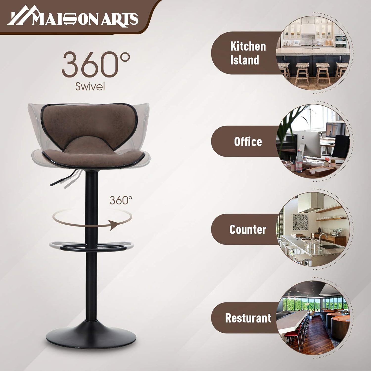 MAISON ARTS Counter Height Bar Stools Set of 2 Swivel Adjustable Barstools with Back for Kitchen Counter Tall Bar Height Chairs Faux Leather High Stools for Kitchen Island,300 LBS Bear Capacity,Brown: Kitchen & Dining