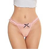 SHENHE Women's Sexy Ruffled Mesh Thong Low Rise Binding Trim Bow Cheeky Panty Tanga
