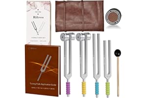 RIHVEO Tuning Forks for Healing Set (128Hz, 136.1Hz, 256Hz, 384Hz) with Activator & Reflex Hammer, Sound Therapy Instruments for Chakra/Yoga/Meditation, Frequency Healing Devices in Vegan Leather Pouch