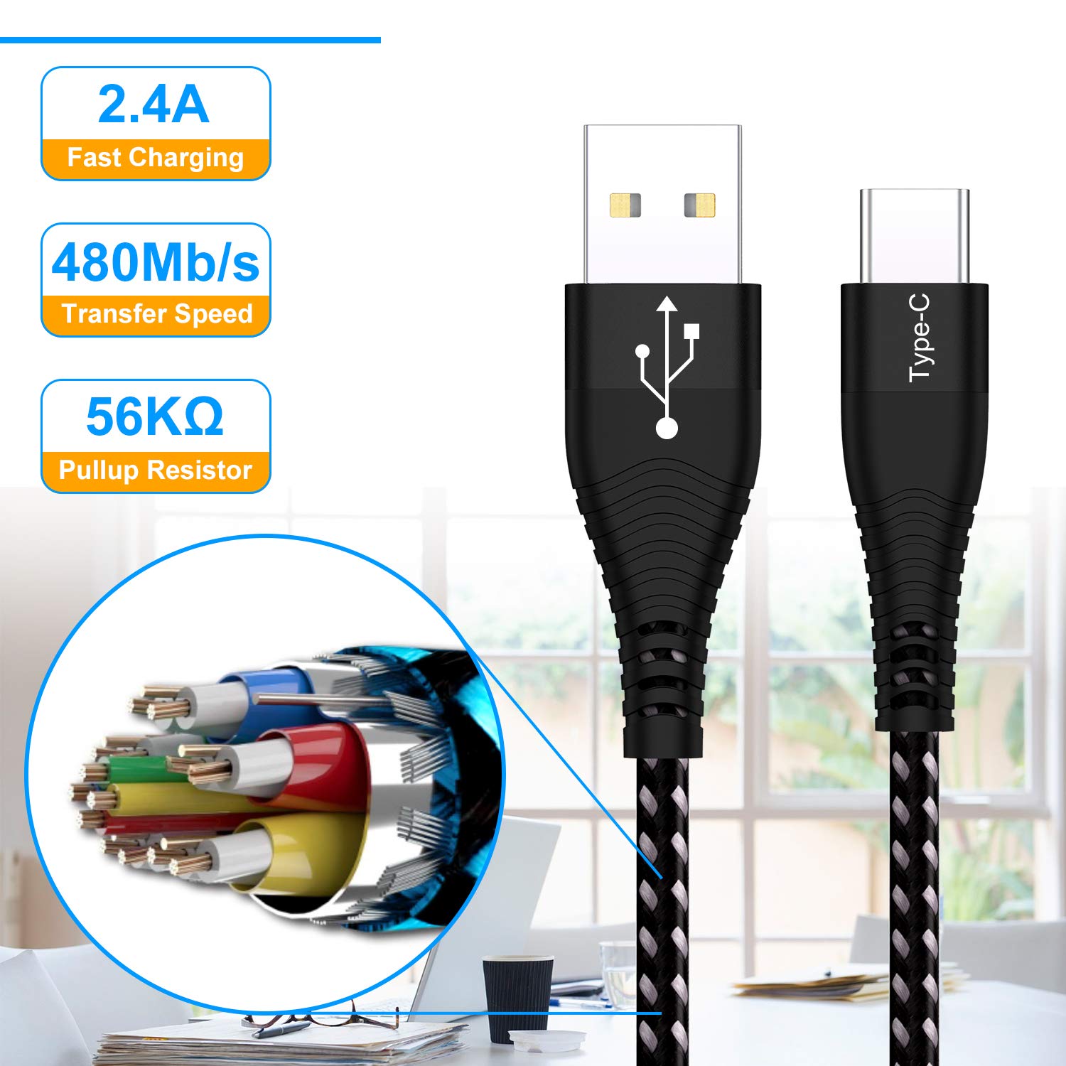 Short USB Type C Cable,Yostyle 1FT 3Pack Nylon Braided USB A to C Fast Charging & Data Sync Cord for Samsung Galaxy S10/ S9 / S9+ / S8 / S8+ / Note 8,LG V20 G5 G6, Pixel,MacBook, Nintendo Switch
