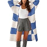 Yeokou Women Checkered Cardigan Sweater Color Block Open Front Long Plaid Chunky Knit Fall Outerwear with Pockets