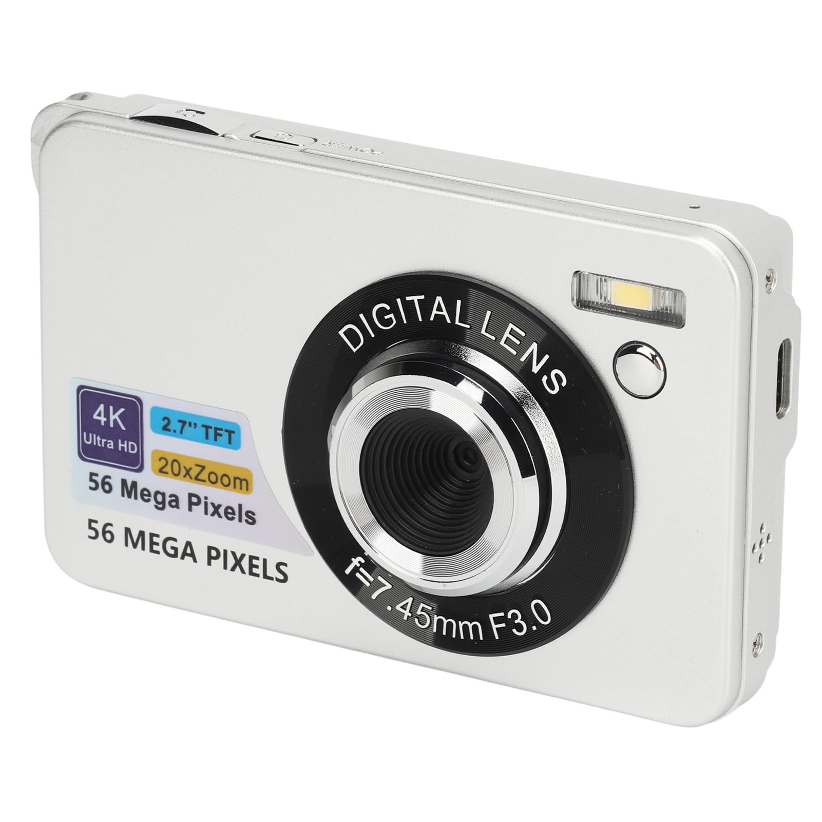 2.7in Digital Camera 4K, 56Mp HD DSLR Camera, 20X Zoom Autofocus Portable Vlogging Camera for Girls Boys Teenagers (Silver)