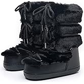ZHENAIYISHENG Furry Faux Fur Boots for Women - Fuzzy Winter Snow Boots - Fluffy Black White Pink Fur Boots - Lace-up Mid-Calf Water-Resistant Platform Boots