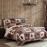 Beatrice Home Fashions Cozy Cabin 7-Piece Queen Comforter Microfiber Bed-in-A-Bag Bedding and Sheet Set with Deep Pockets Rustic Patchwork Plaid Deer, Brown Tan Green
