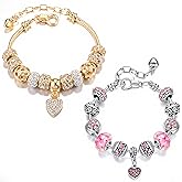 VTEAS 2 Pack Charm Bracelets Pink and Gold Heart Silver Plated Charm Bracelet, DIY Jewelry for Women Gifts, with Beads, Crystal, Charms, Love and Adjustable Snake Chain, Fits 7.5