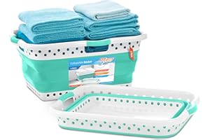 Pop & Load Collapse & Store Set of 2 Large 25" Slim Collapsible Laundry Basket, Space Saving Portable Pop Up Storage & Organization Basket,3" High When Folded, Dual Comfort Grip Handles, Teal/White