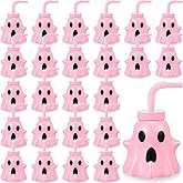 Umigy 24 Pcs Halloween Party Cups for Kids 10 Oz Ghost Shaped Plastic Cups with Lids and Straws Reusable Halloween Decorations for Gifts Party Favors Supplies