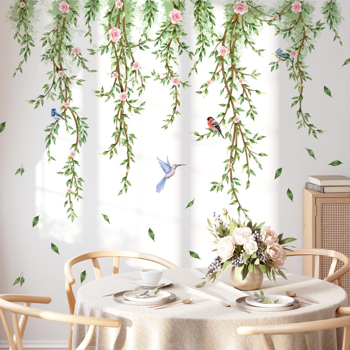 Runtoo Hanging Vines with Flowers Wall Decals Green Plant Leaves Bird Wall Stickers for Bedroom Living Room Wall Art Decor