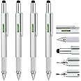 4 Pack Multitool Pen with Extra Refills Set, 6 in 1 Multitool Pen with Ruler & Levelgauge, Multifunctional Metal Ballpoint Pen, Cool Gadget for Men, Unique Gift for Husband Dad Father Friend (Silver)