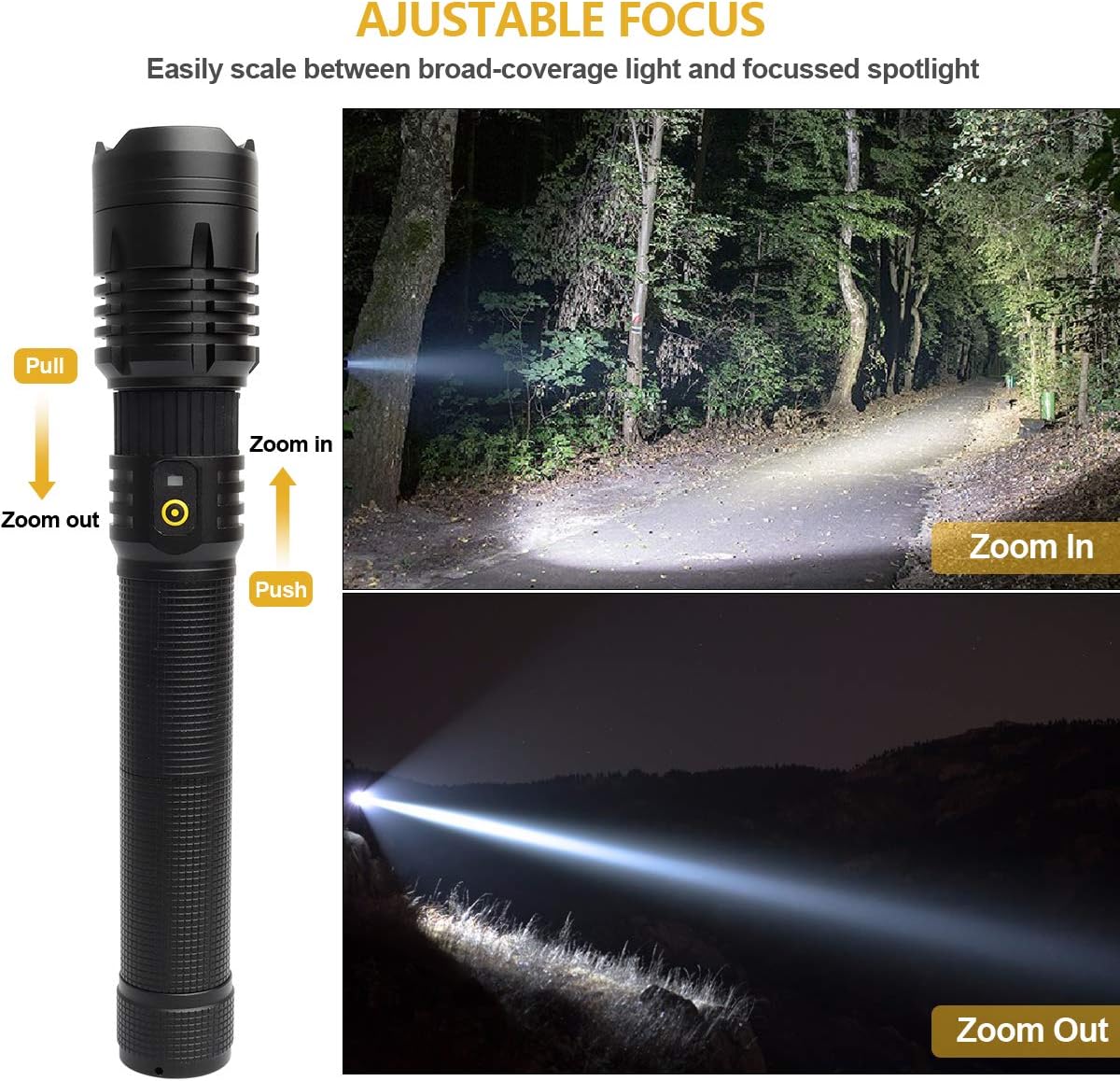LED Tactical Flashlight, Tactical Torch Rechargeable 60000 Lumens, Adjustable Focus Handheld Waterproof Rechargeable Torch, Super Bright Portable Outdoor Torch Light: Sports & Outdoors