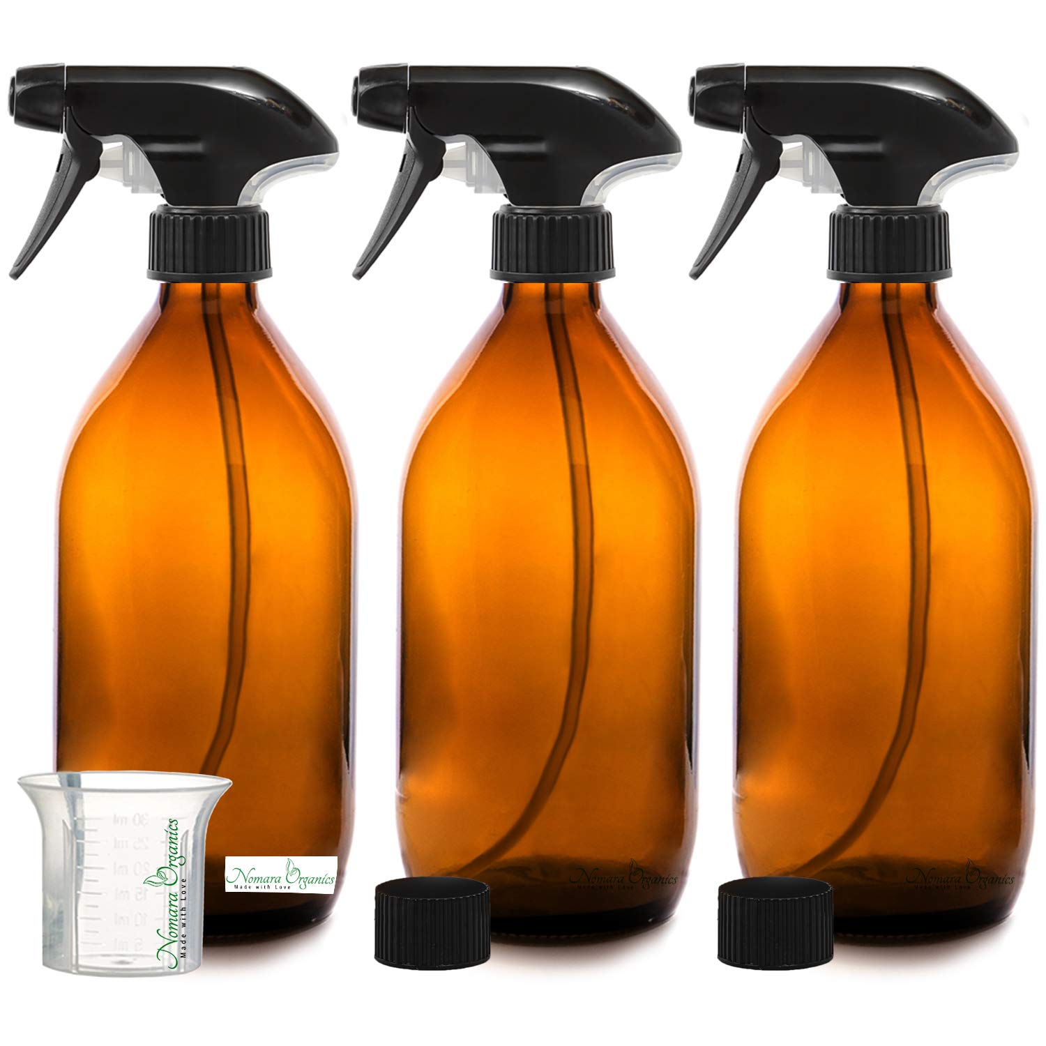 Nomara Organics Amber Glass Spray Bottles 500mL, 3 Pack- BPA Free, Empty, Refillable, Reusable Pump Containers for Organic Beauty or Kitchen, Bathroom Cleaning Products.