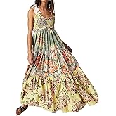 Women Floral Maxi Dress Sleeveless Tie Shoulder Bohemian Flowy Smocked Casual Dresses Summer Sundress with Pockets