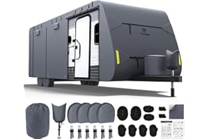 Fonzier RV Cover 24-26ft: Extra Thick 7 Layers Travel Trailer Cover with 4 Tire Covers, Waterproof Camper Cover, Extra Windproof Ropes, Gutter Cover, Rip-Stop Anti-UV