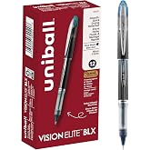 uniball&trade; Vision Elite BLX Rollerball Pens, Micro (0.5mm), Blue Ink, 12 Pack | Black ink infused with dramatic color, airplane-safe leak-proof design, smooth uni-Flow Ink System, fade-proof uni Super Ink