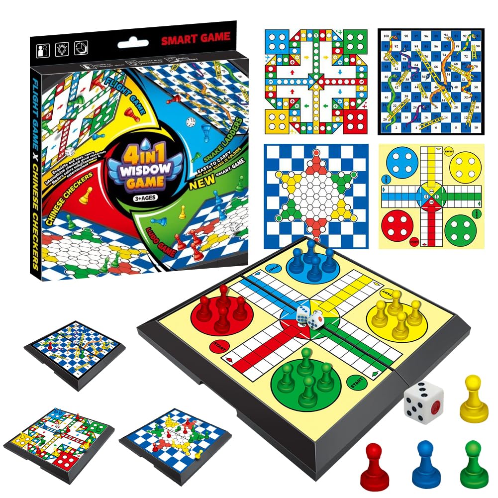 Travel Board Games, 4-in-1 Board Games Set of 4 Checkers, Ludo Game, Flying Chess, Snake and Ladder - Portable Tabletop Game for Kids & Family Travel Chess Set- Ages 6+