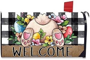 FBCOO Welcome Easter Bunny Rabbit Mailbox Cover Magnetic Standard Size 21" x 19", Eggs Buffalo Plaid Check Decorative Post Letter Box Wrap Decor Funny Farmhouse Garden Yard Outdoor Decoration