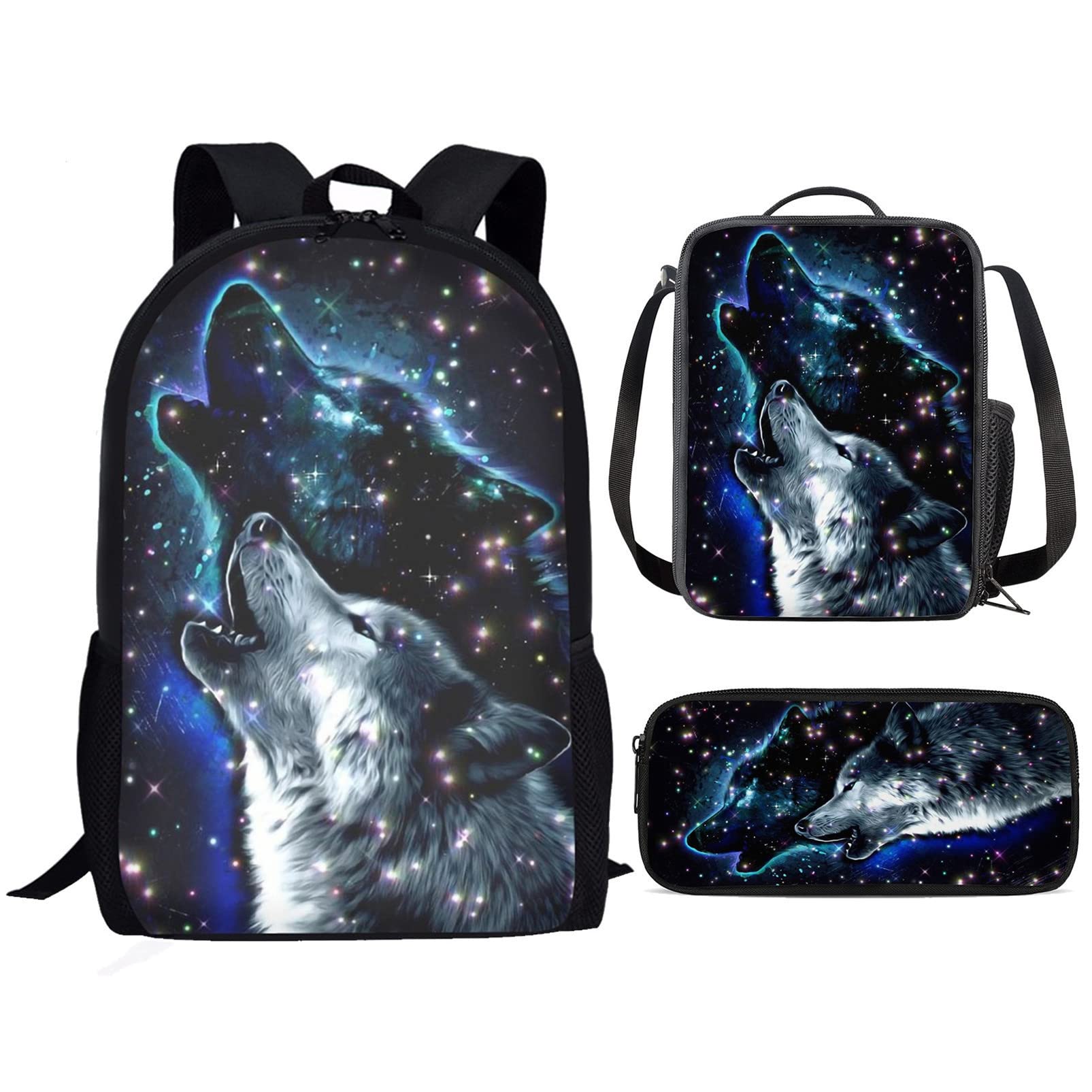 HUIACONG Starry Wolf School Bag for Boys Rucksack Girls Backpack and Lunch Bag Set with Pencil Case,Preschool Bookbag Kids Lunch Box Packed with Pocket