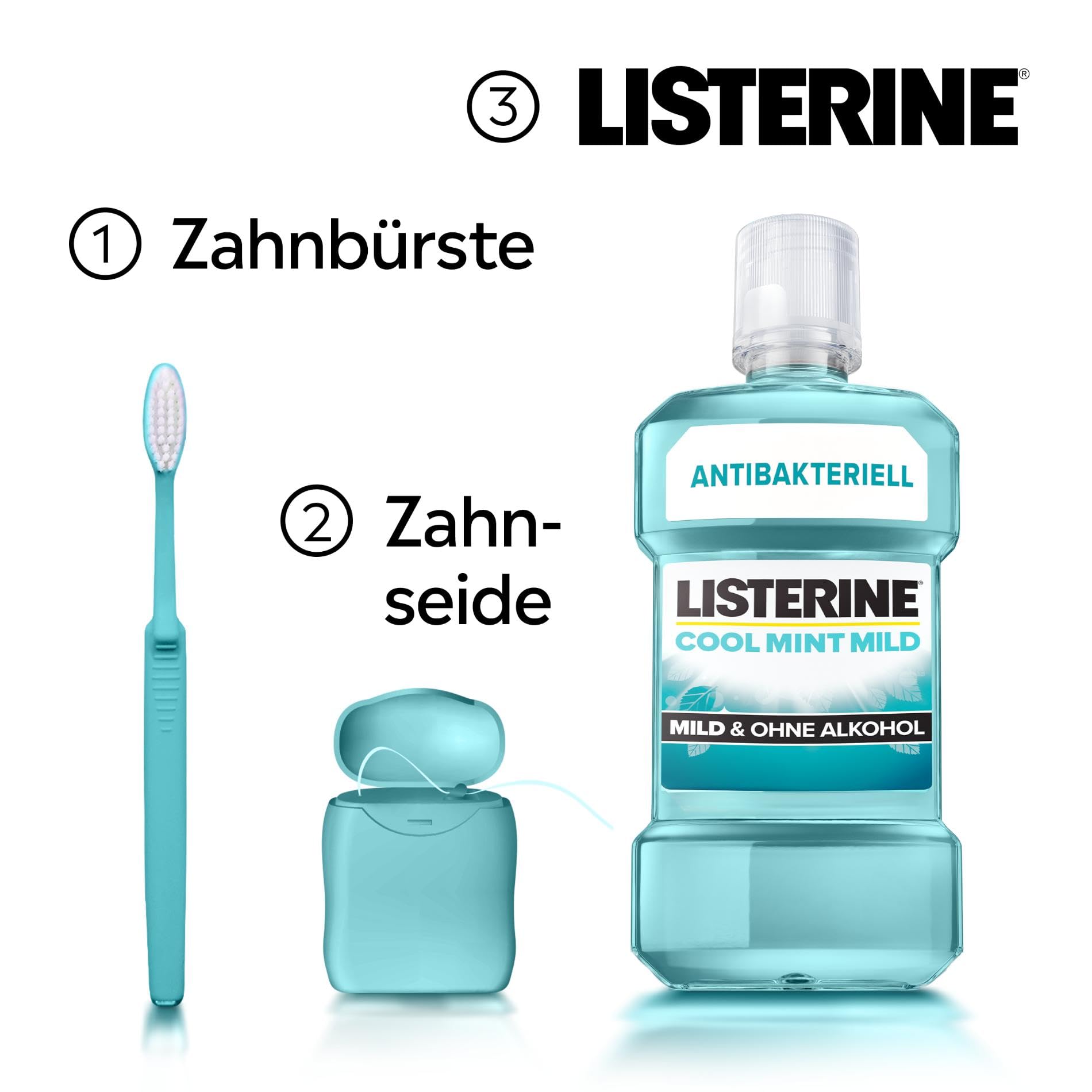 LISTERINE Cool Mint Mild 6 x 500 ml, antibakterielle Mundspülung mit ätherischen Ölen und ohne Alkohol, mildes Mundwasser bekämpft wirksam Bakterien, optimale Ergänzung zur täglichen Zahnpflege 5