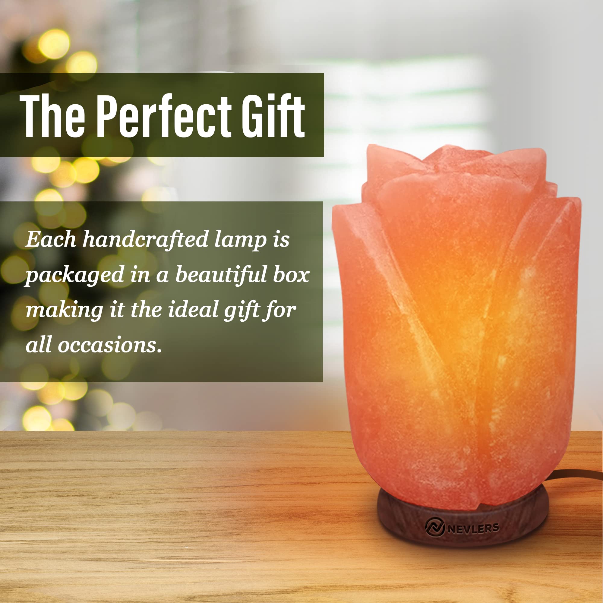 Nevlers Flower Shape Pink Himalayan Salt Lamp with Wood Base | 7-8 lbs and 7