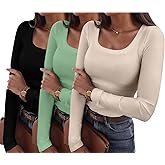Ryaiwi Womens 3 Packs Casual Long Sleeve Stretch Scoop Neck Basic Ribbed T-Shirt Slim Fit Casual Basic Tops S-XXL