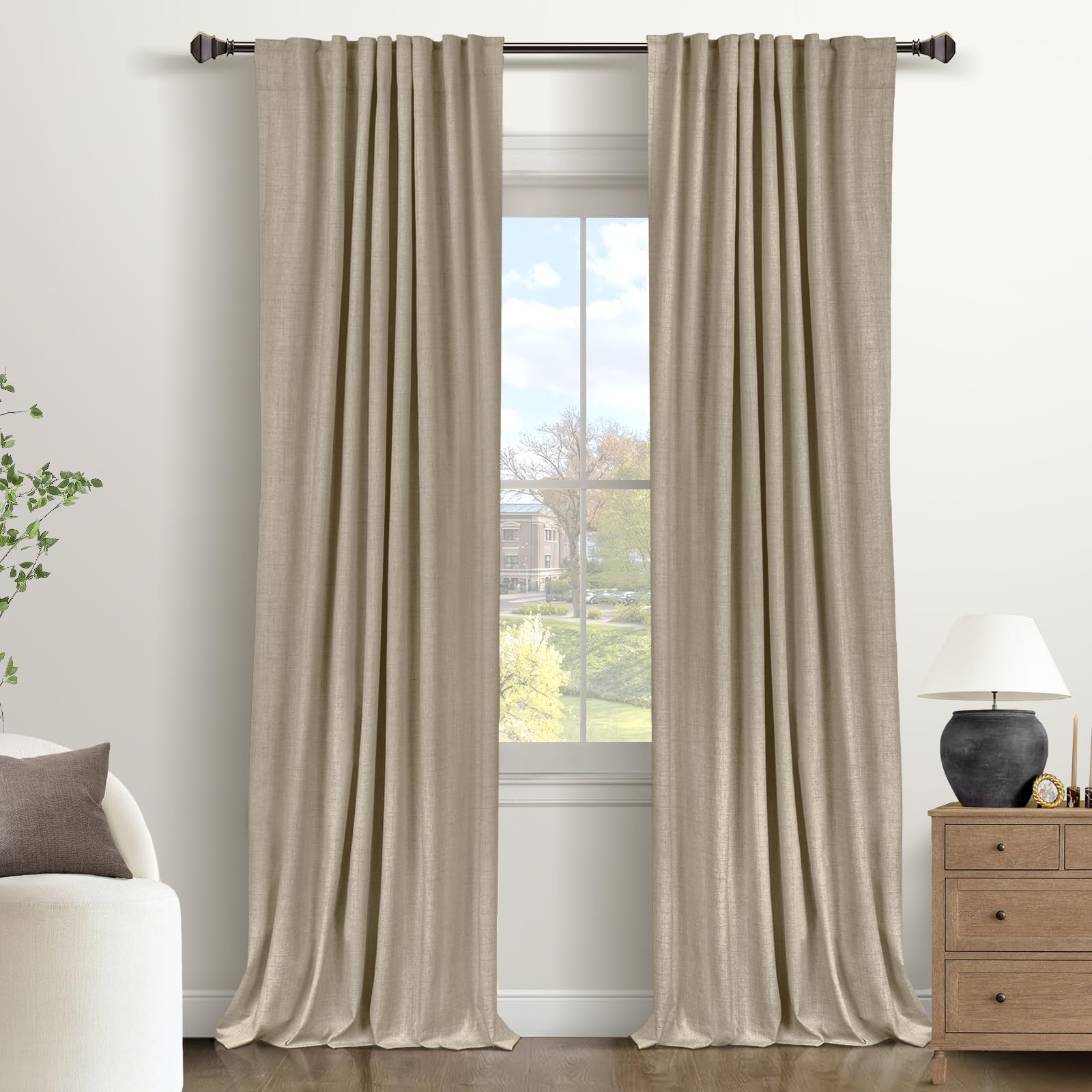 Photo 1 of 100% Blackout Shield Linen Blackout Curtains for Bedroom 84 Inches Long, Back Tab/Rod Pocket Living Room Drapes, Thermal Insulated Blackout Curtains 2 Panels Set, 50" W x 84" L, Plaza Taupe