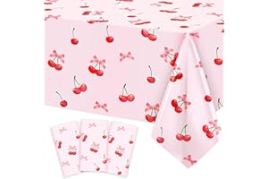 CAISEHABU 3pcs Cherry Birthday Decorations Tablecloths, Large Size Cherry and Bows Birthday Decorations Table Cloth for Cherry Themed Party, 54 x 108 Inch